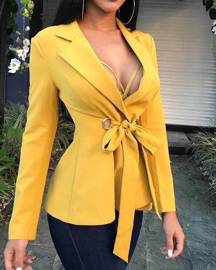 

Eyelet Tied Front Peplum Blazer, Yellow