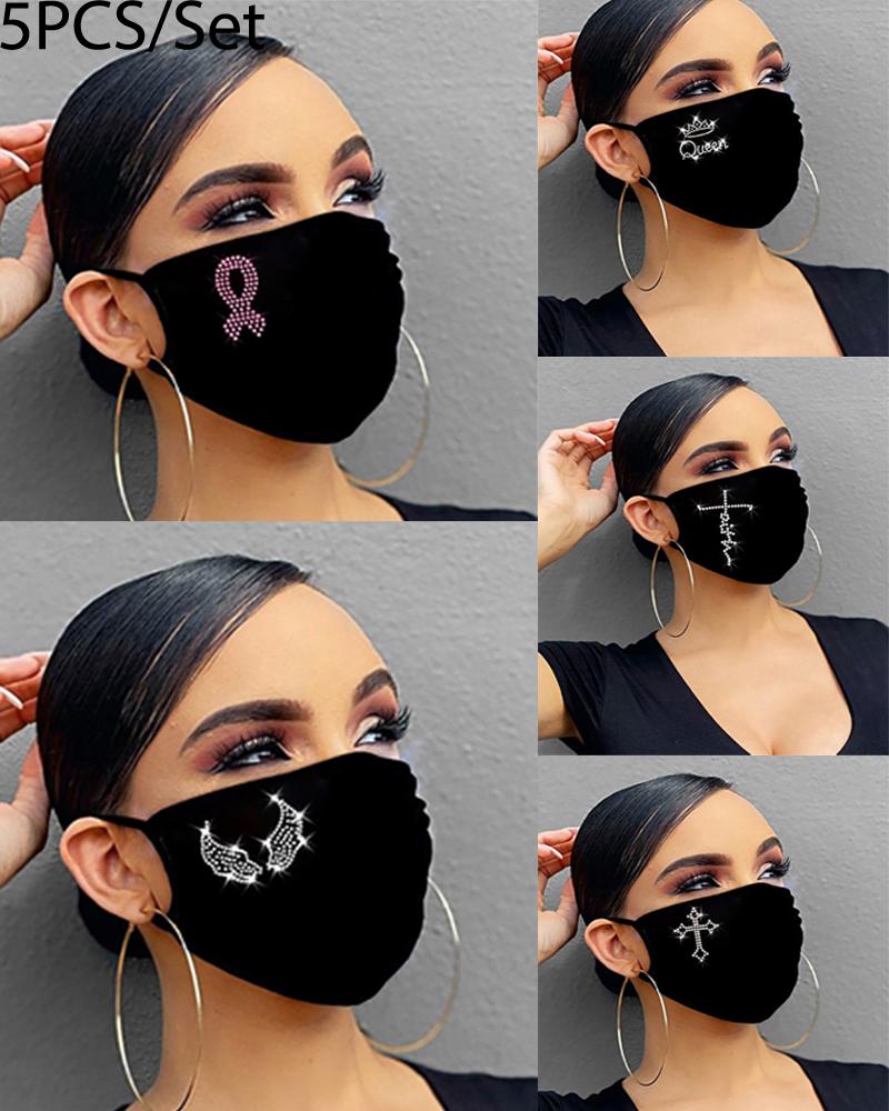

5PCS/Set Randomly Dispatched Letter Pattern Bling Rhinestone Face Mask(Colors/Patterns Sent Randomly, Multicolor