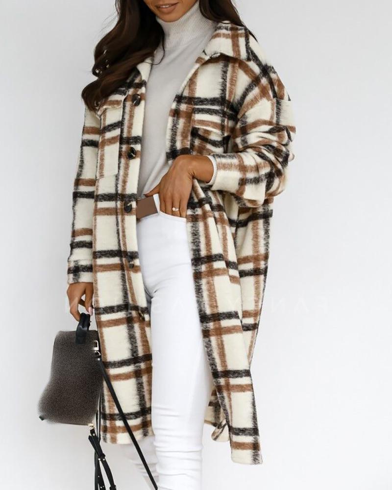 

Plaid Print Pocket Design Long Sleeve Coat, Brown