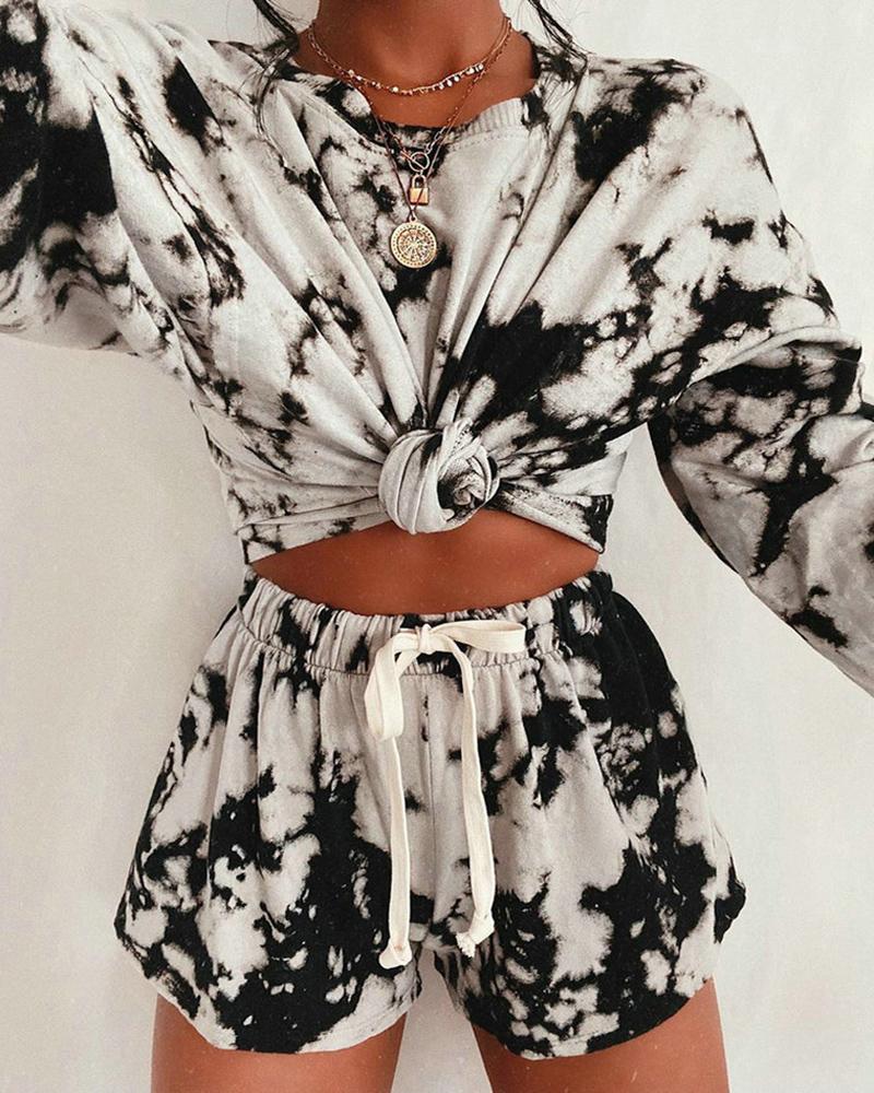 

Tie Dye Print Long Sleeve Top & Drawstring Shorts Set, Black