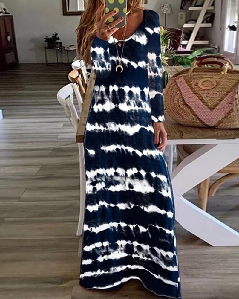 

Tie Dye Cold Shoulder Long Sleeve Loose Long Dress, Purplish blue