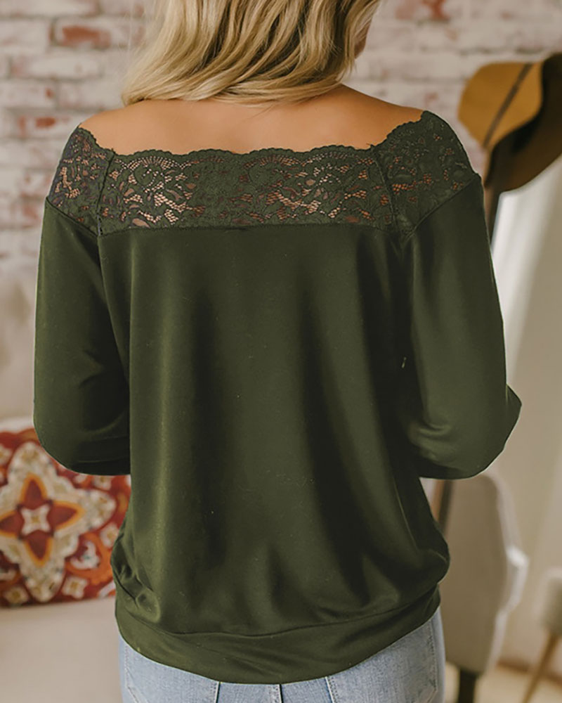 

Lace Trim Long Sleeve Casual T-shirt, Army green
