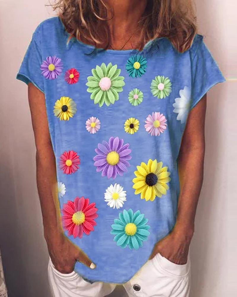 

Daisy Print Round Neck Casual T-Shirt, Blue