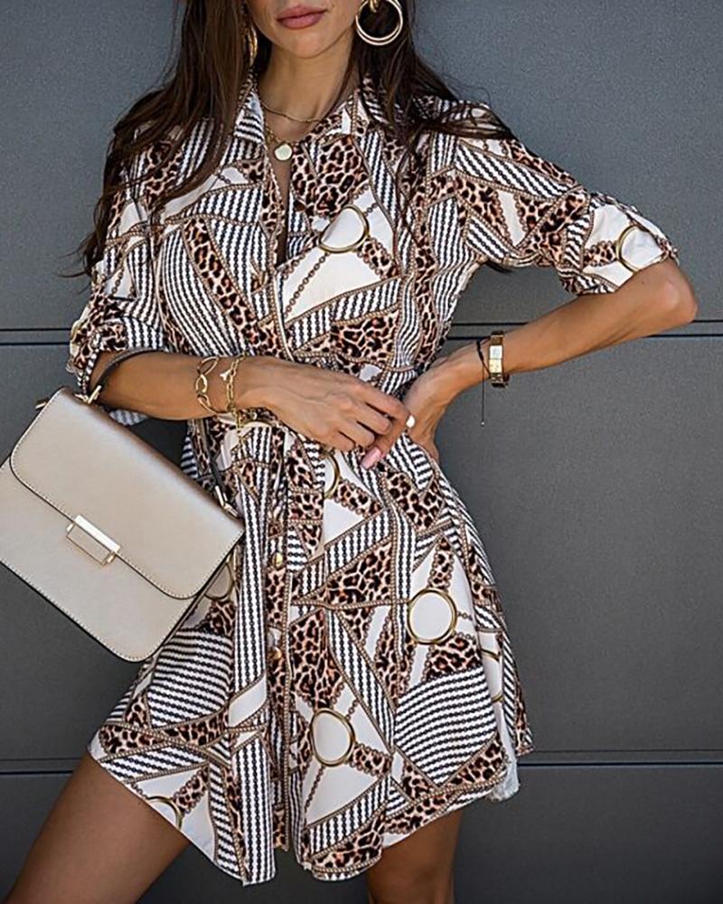 

Scarf Print Button Design Long Sleeve Shirt Dress, Leopard