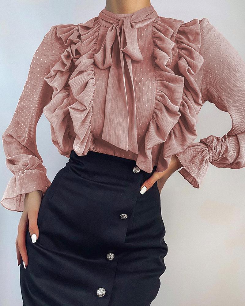 

Swiss Dot Flared Sleeve Ruffle Hem Top, Pink