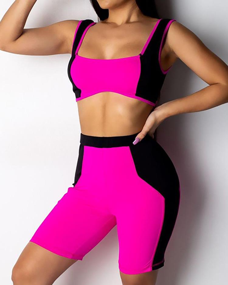 

Contrast Color Sport Crop Women Top And Short Sets, Hot pink