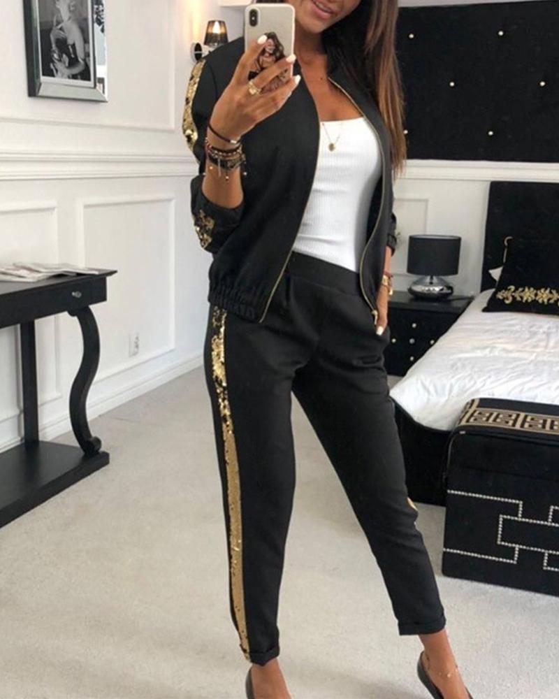 

Stitching Sequins Long Sleeve Suit Sets, Black
