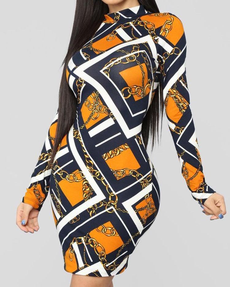 

Geo & Chains Long Sleeve Bodycon Women Dress, Gold