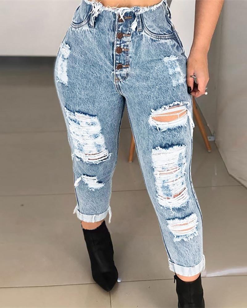 

High Waisted Boyfriend Style Cutout DenimJeans, Light blue