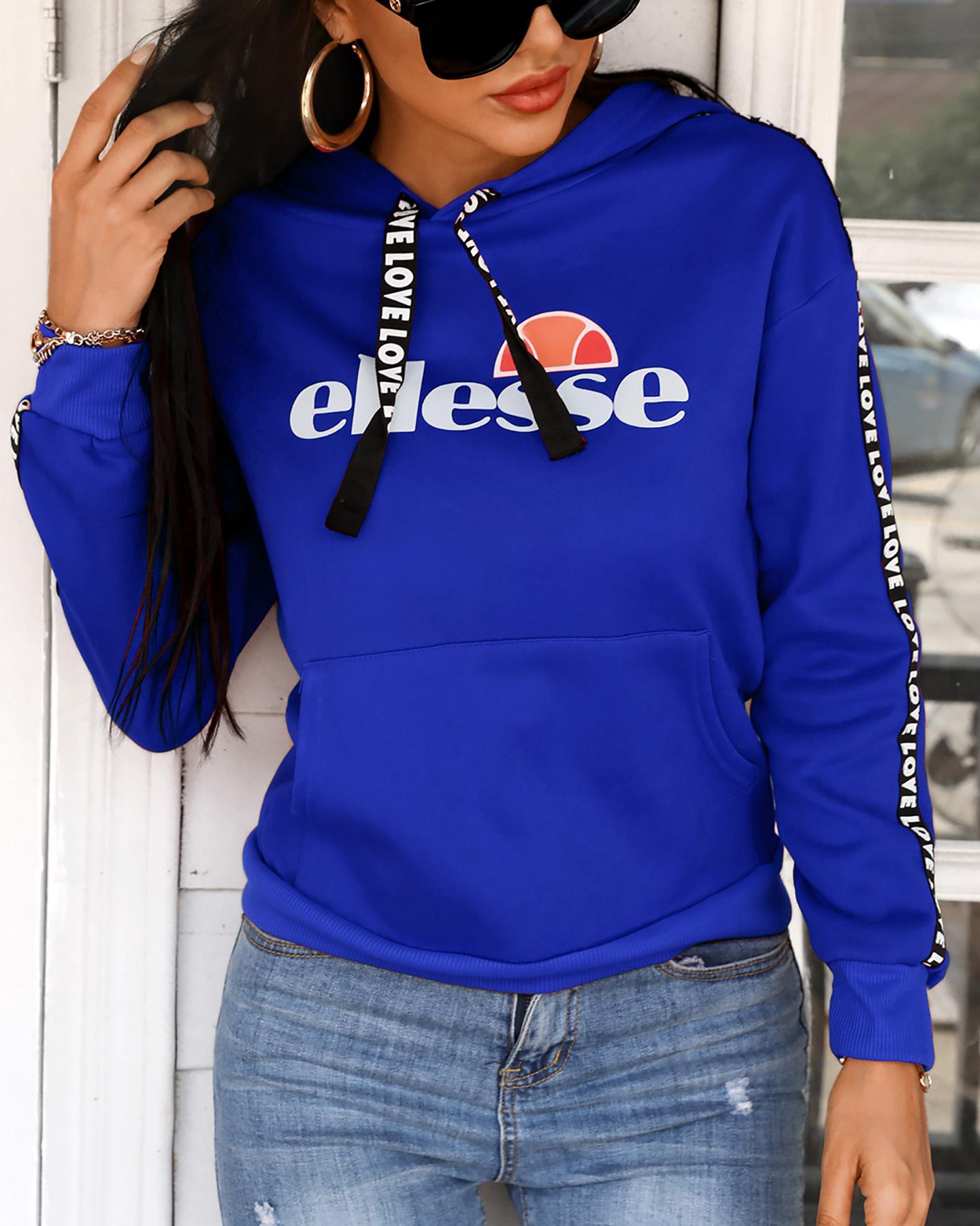

Letter Print Pocket Design Hooded Top, Blue