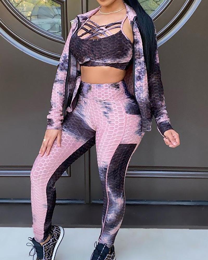 

Tie Dye Print Strappy Crop Top & Long Sleeve Coat & High Waist Pants Set, Pink