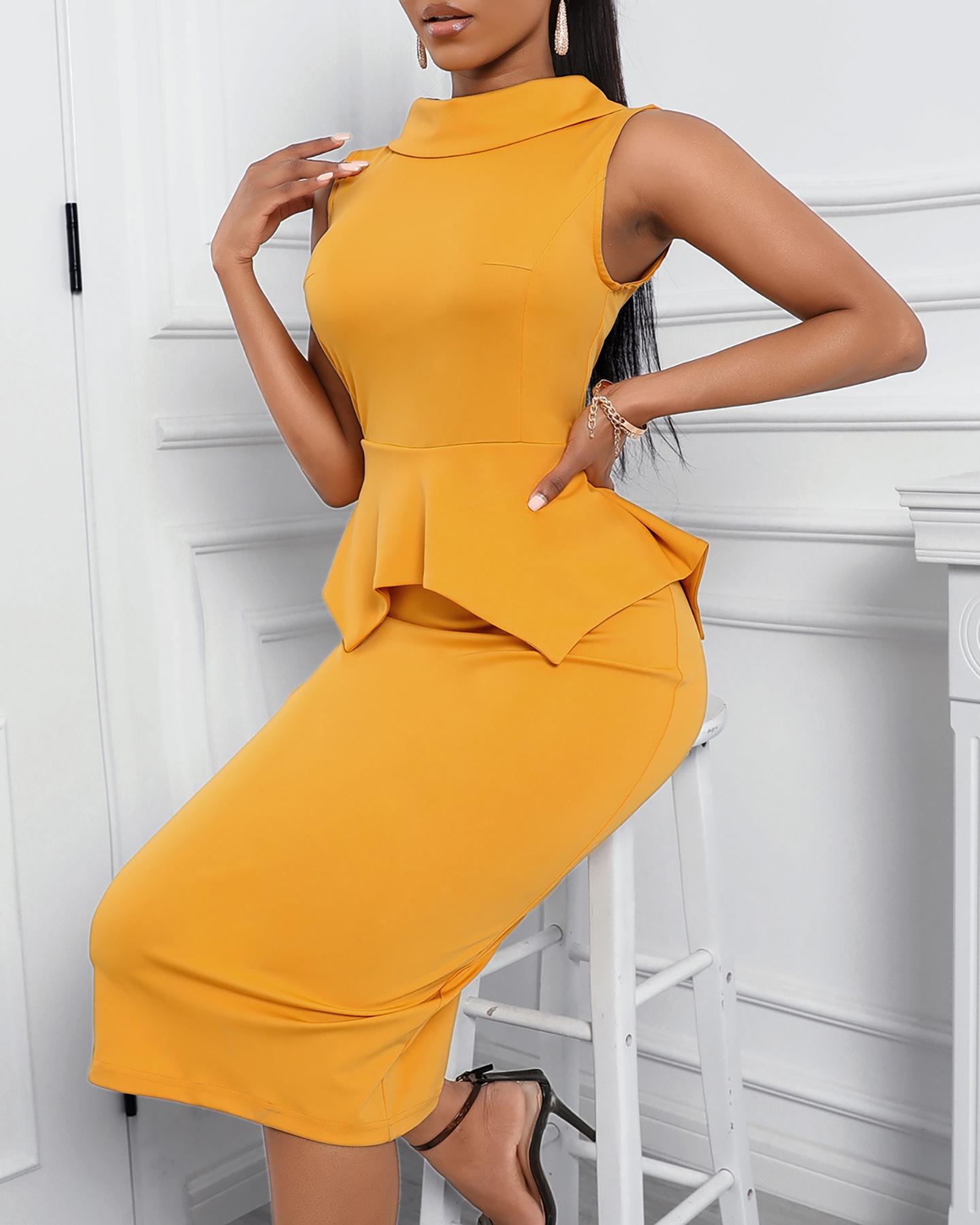 

Plain Sleeveless Ruffle Hem Dress, Yellow