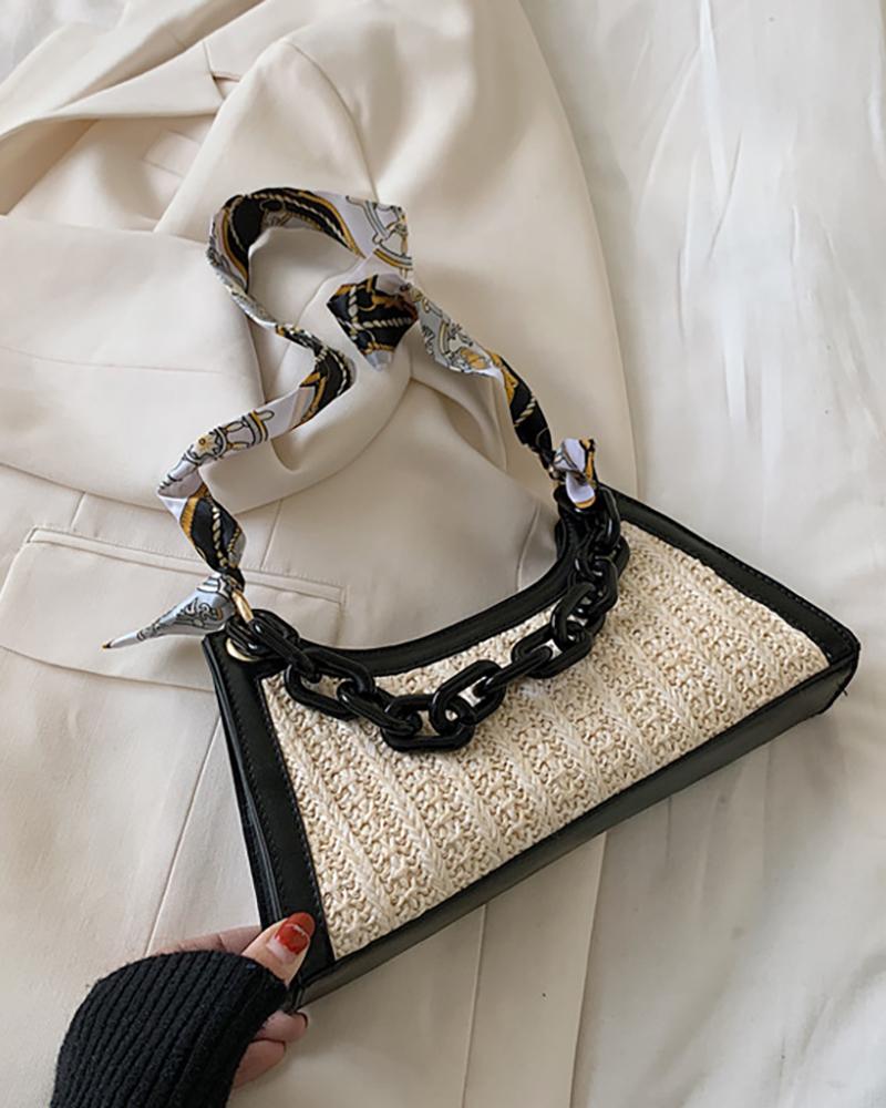 

Zip Top Chain Scarf Strap Woven Tote Bag, Black