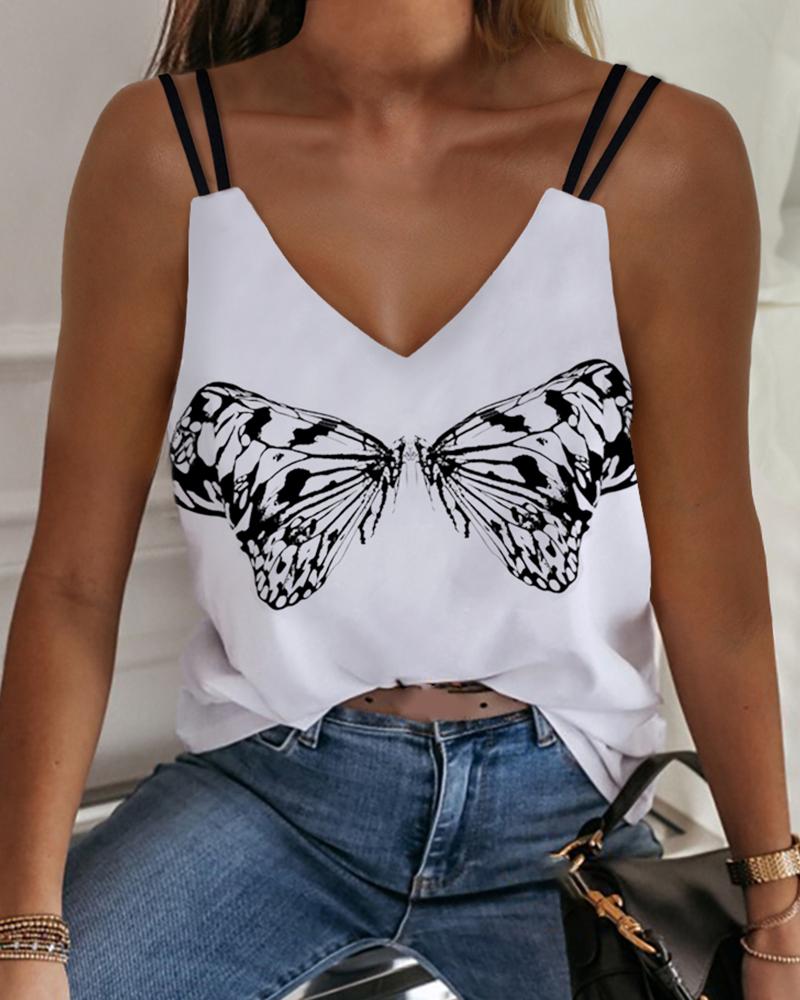 

Double Spaghetti Strap Butterfly Print Casual Top, White