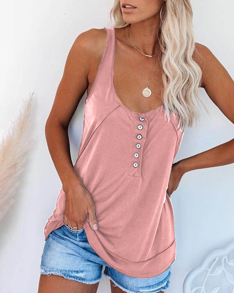 

U-neck Half Button Casual Tank Top, Light pink