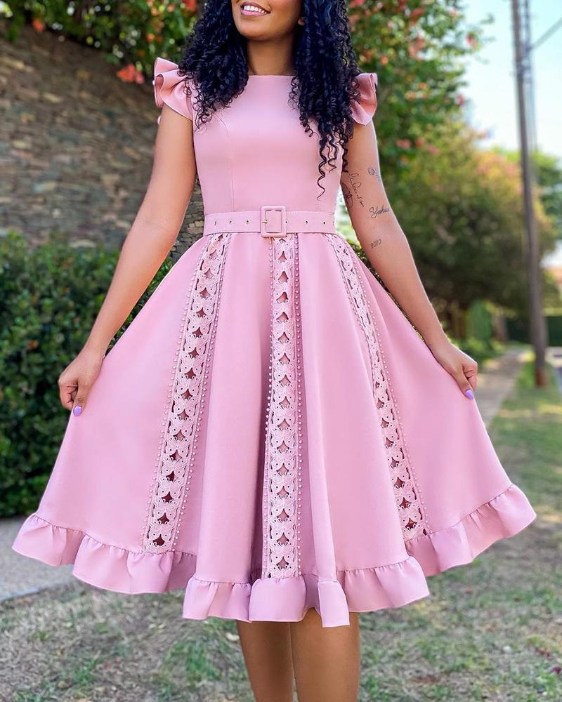 

Plain Hollow Out Frill Hem Dress, Pink