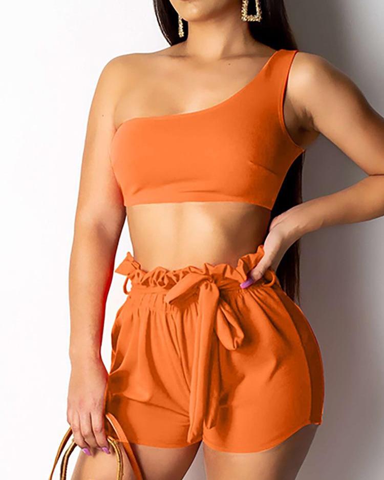 

One Shoulder Crop Top & Belted Short Sets, Orange