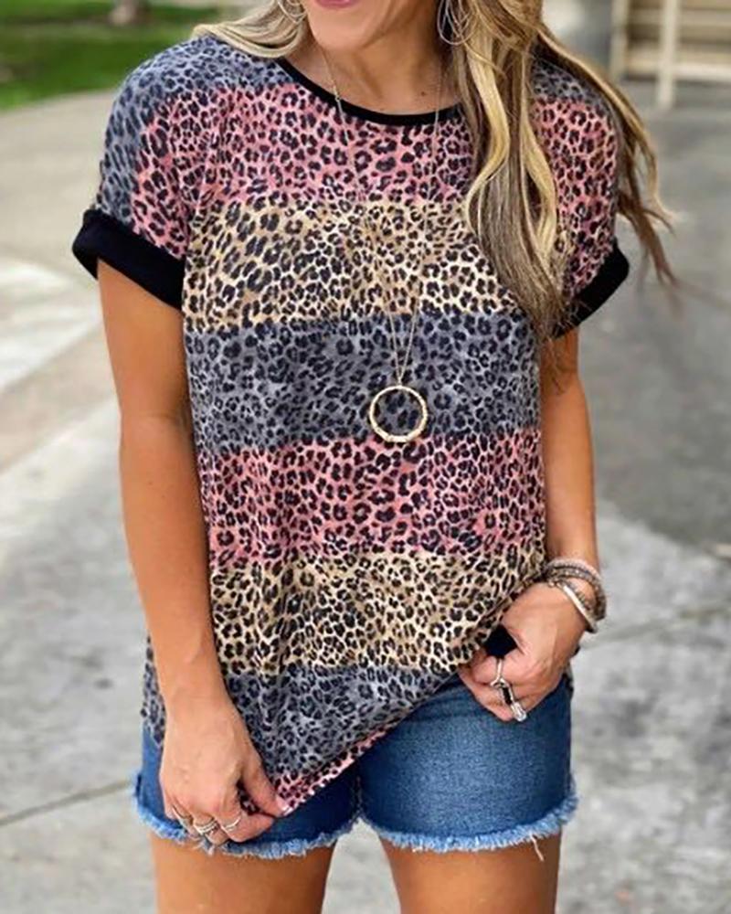 

Cheetah Print Colorblock Contrast Binding Casual T-shirt, Leopard