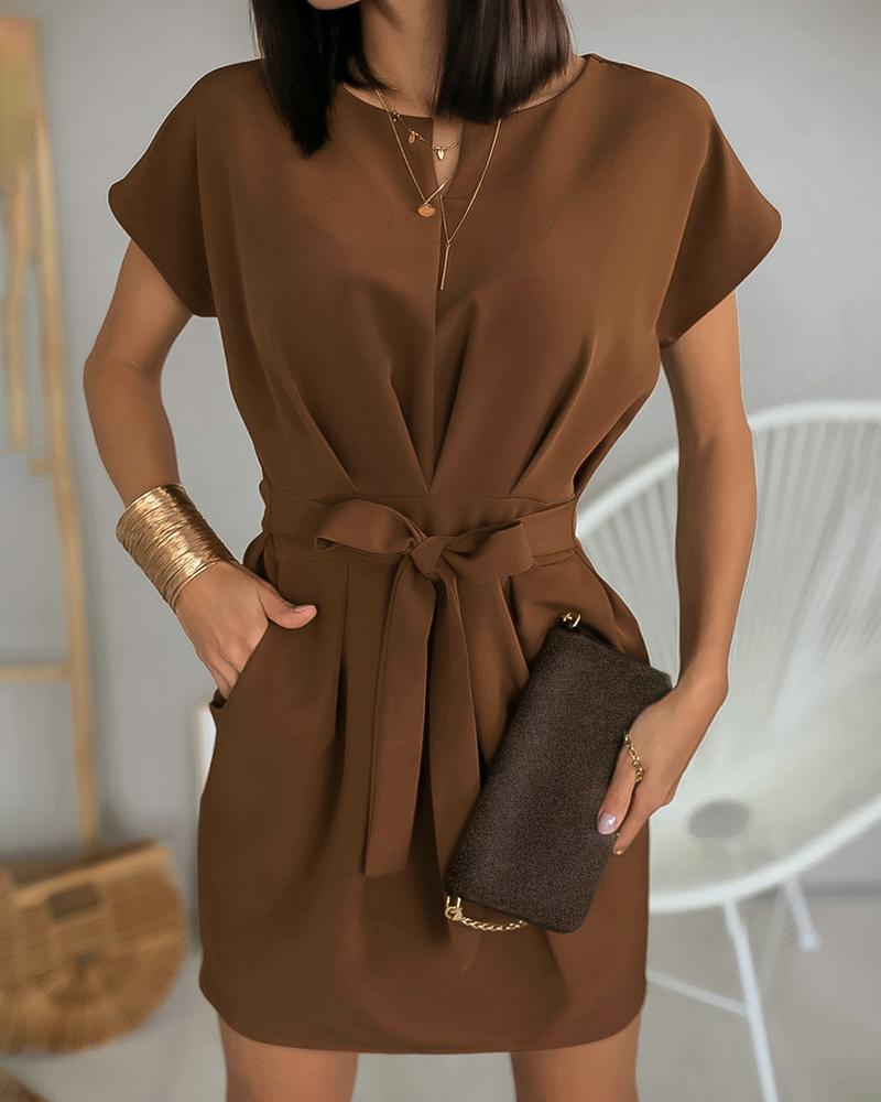 

Short Sleeve Ruched Pocket Design Dress, Coffee