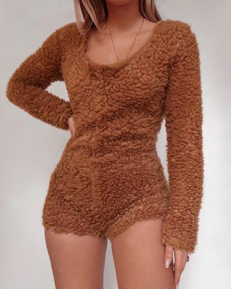 

Plain Teddy Long Sleeve Romper, Brown