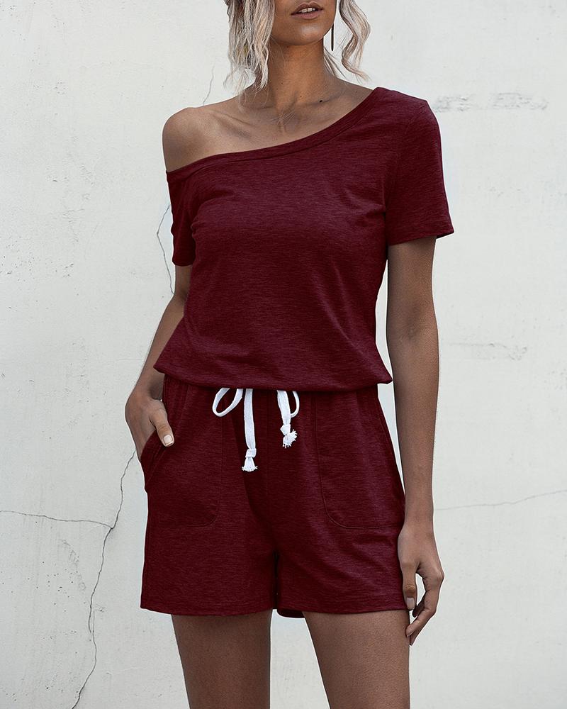 

One Shoulder Tie Waist Romper, Wine red