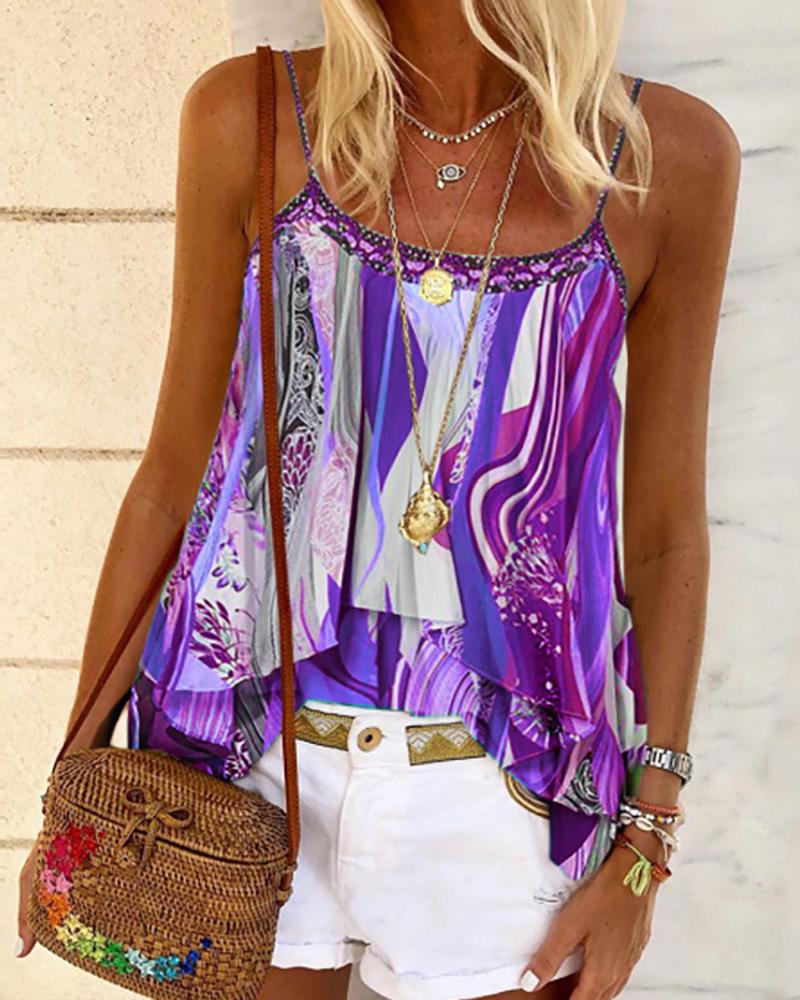

Tie Dye Print Ruffles Casual Cami Women Top, Purple