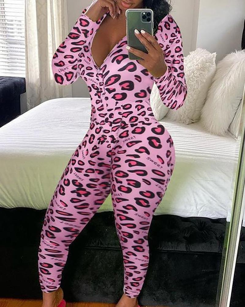 

Plunge Leopard Print Long Sleeve Skinny Jumpsuit, Pink