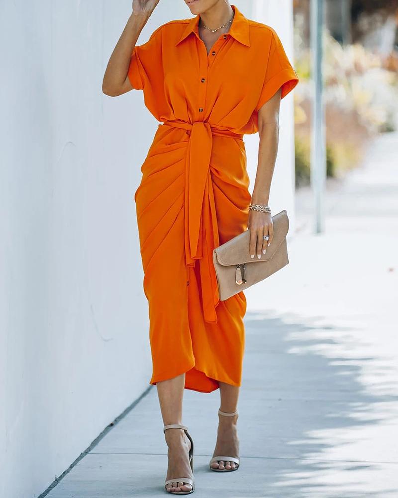

Plain Ruched Short Sleeve Shirt Dress, Orange