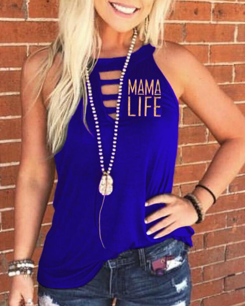

Letter Print Cut Out Sleeveless Casual T-shirt, Blue