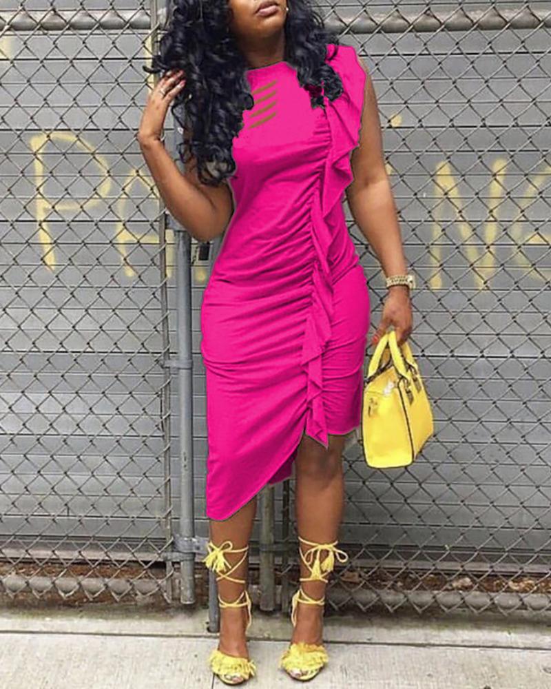 

Cut Out Ruffles Ruched Irregular Bodycon Dress, Hot pink