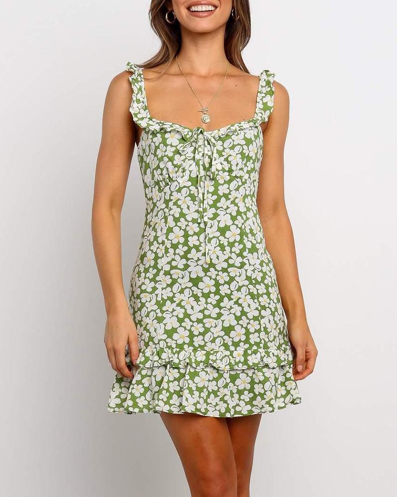 

Floral Ruffle Trim Mini Dress, Green