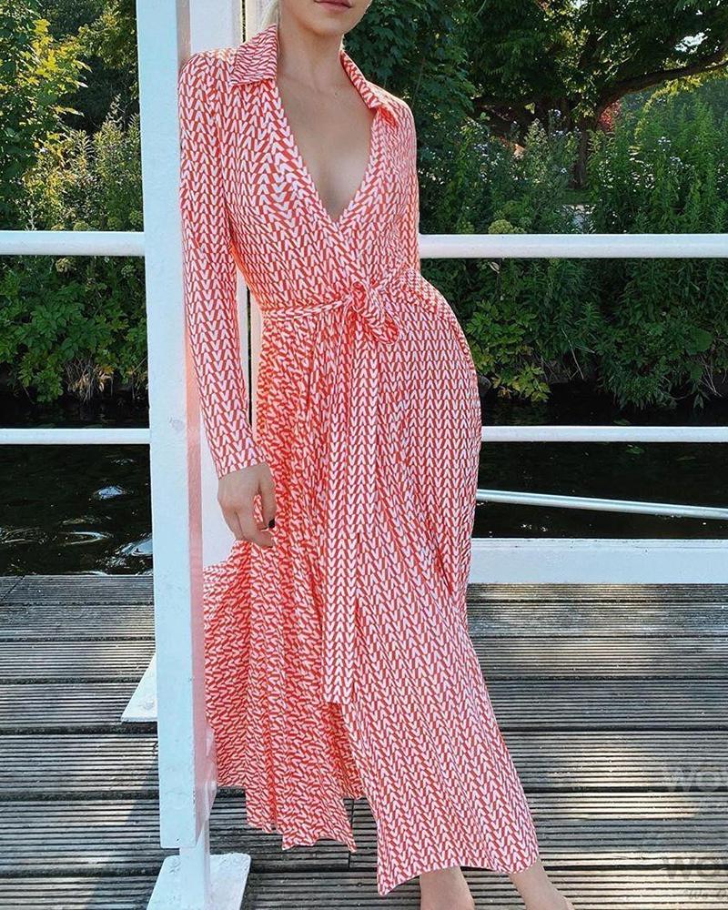 

All Over Print Tie Detail Long Sleeve Maxi Dress, Orange