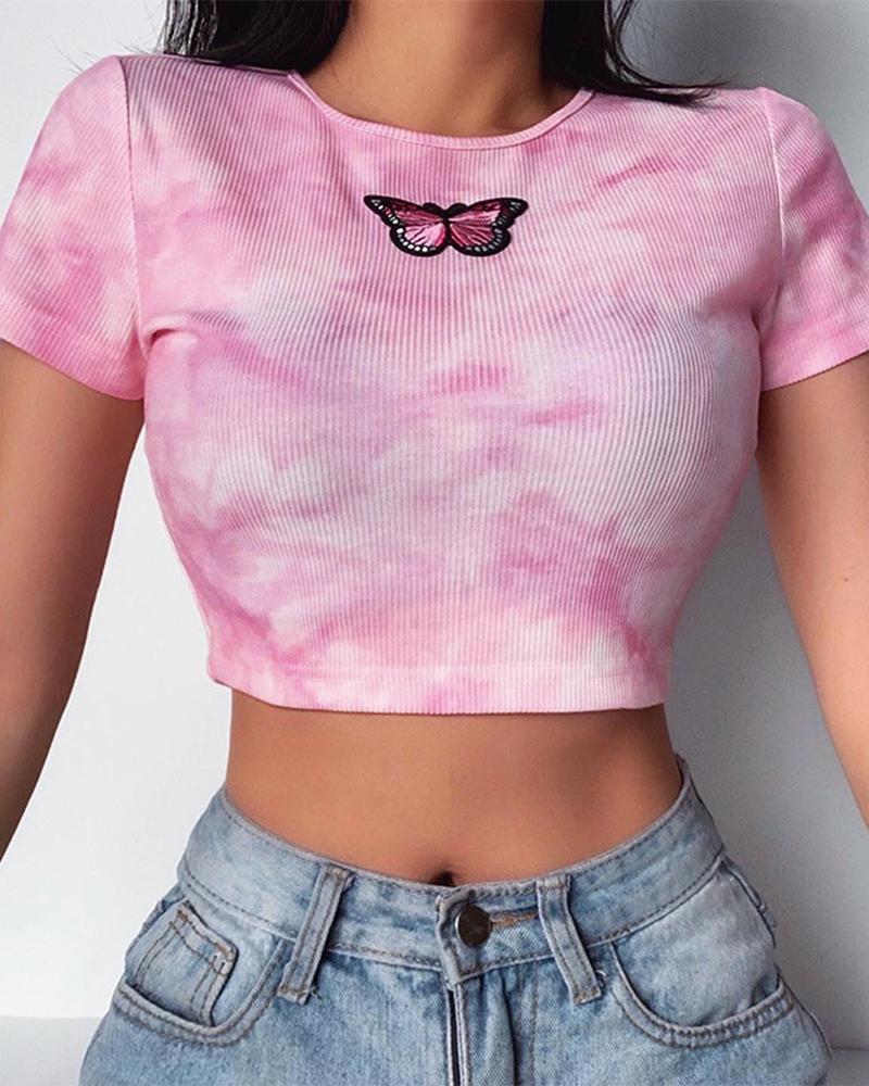 

Butterfly Tie Dye Crop T-Shirt, Pink
