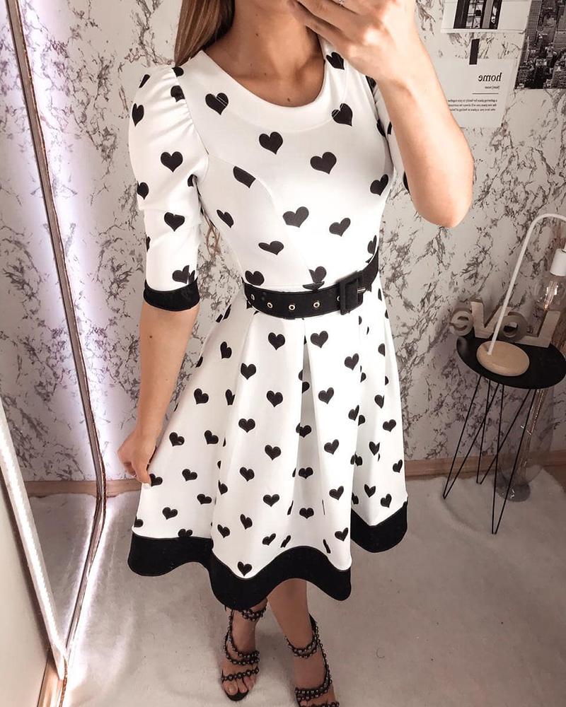 

Heart Print Half Sleeve Casual Dress, White
