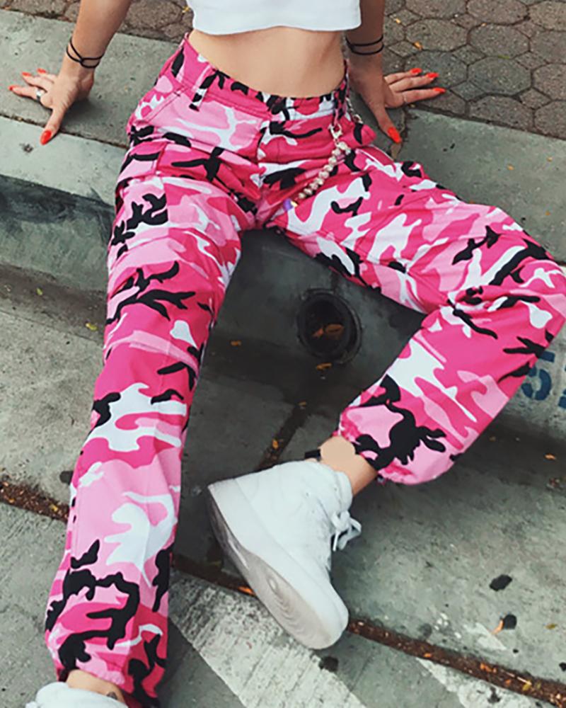 

Camouflage Pocket Design Cargo Pants, Pink