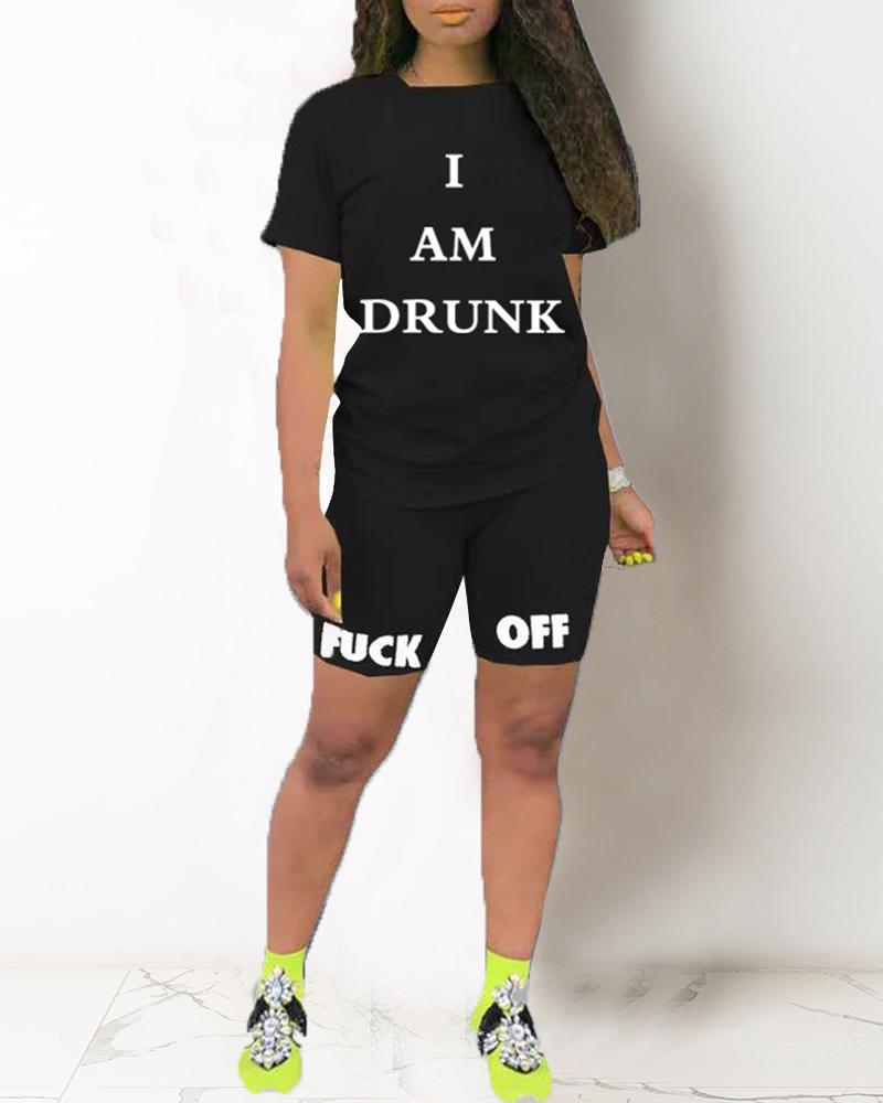 

Letter Print Short Sleeve T-shirt With Short Pants Suit Sets, Black