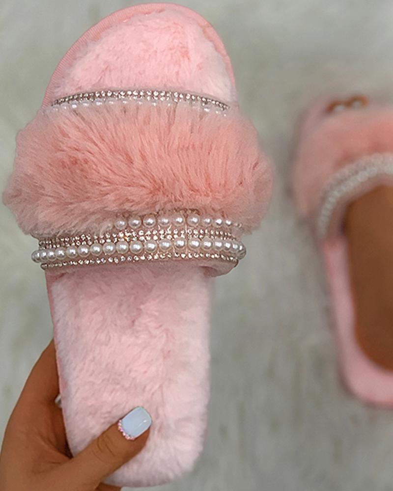 

Beaded Studded Fluffy Slippers, Pink