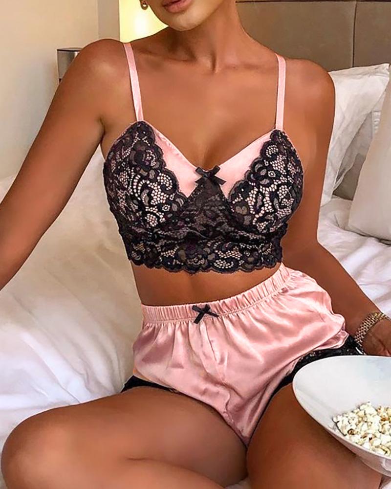 

V-neck Crochet Lace Satin Cami Sets, Pink