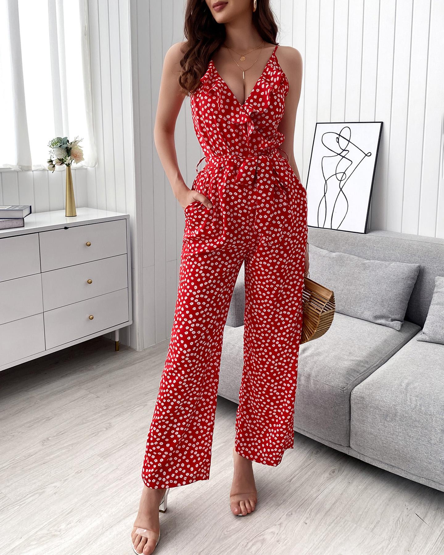 

Floral Print Ruffles Pocket Design Jumpsuit, Red