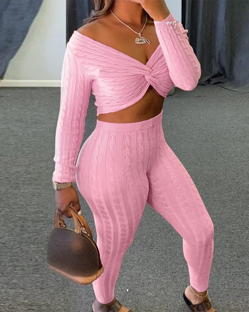 

Cable Knit Ribbed Twisted Crop Top & Pants Set, Pink