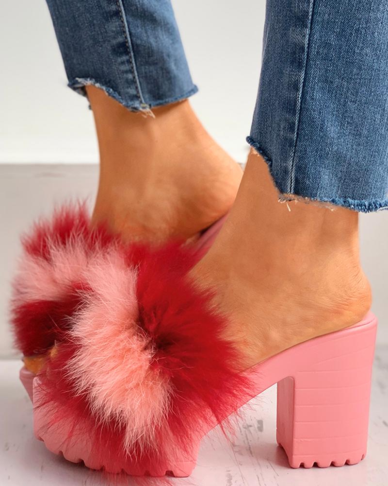 

Fluffy Colorblock Peep Toe Chunky Heels, Red