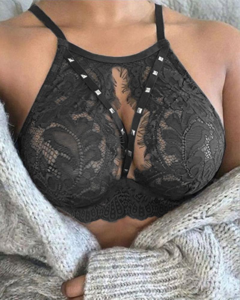 

Solid Lace Strap Skinny Tanks Bra, Black
