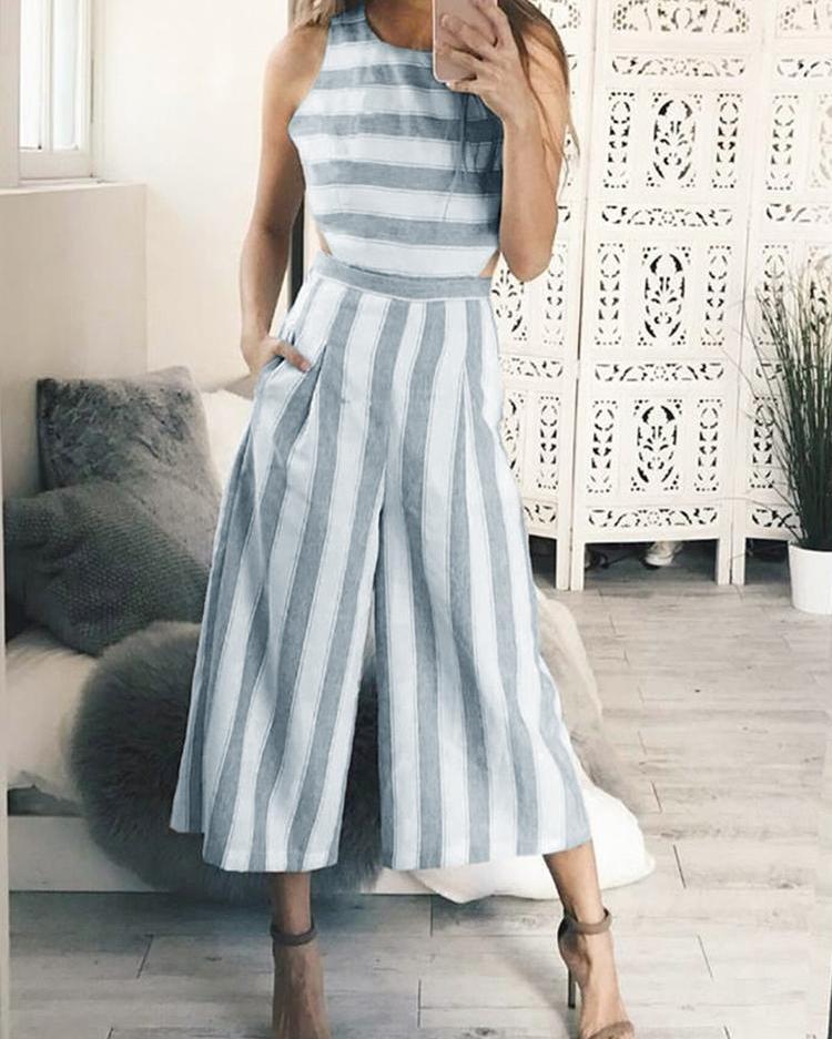 

Striped Cutout Waist Wide Leg Jumpsuit, Blue