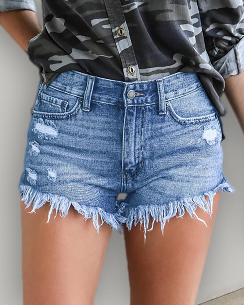 

Buttoned Pockets Tassel Design Denim Shorts, Light blue