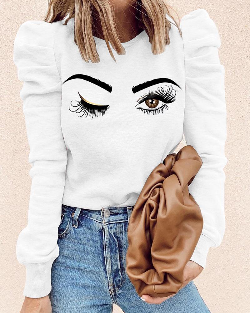 

Puffed Sleeve Eyelash Print Casual Sweatshirt, White