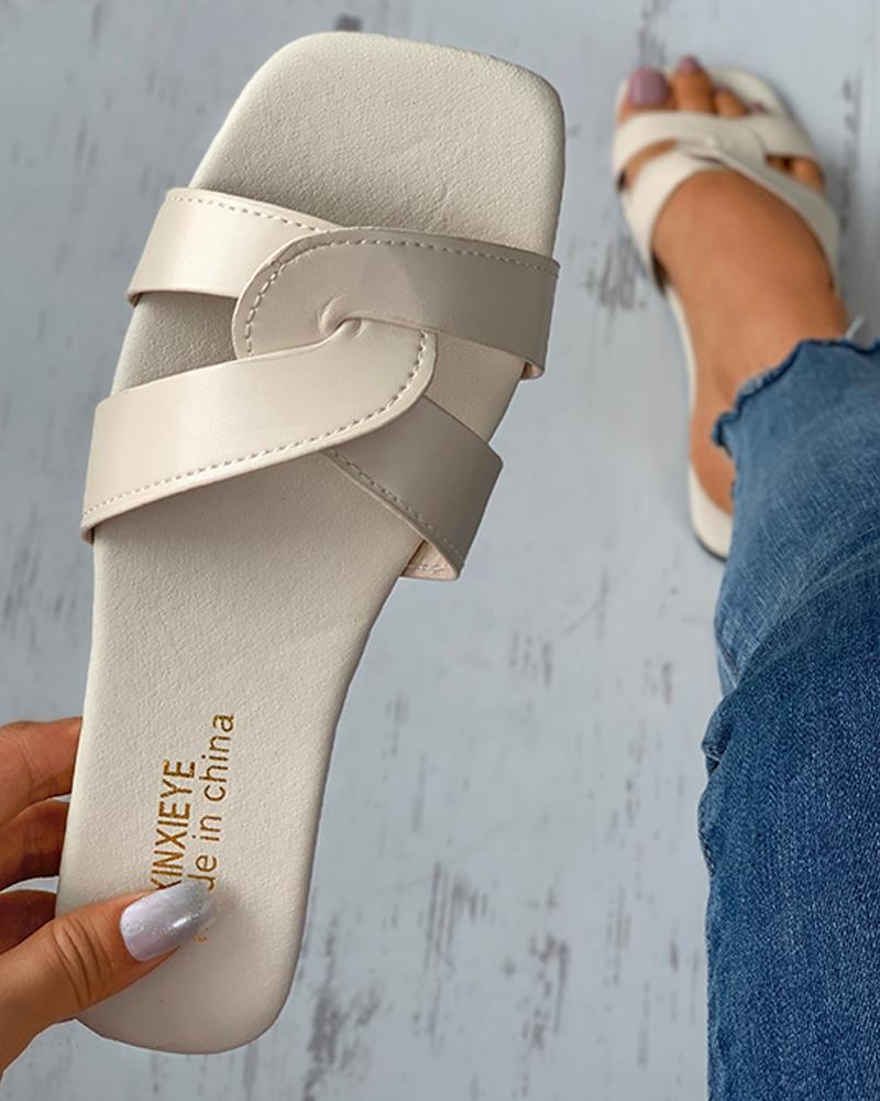 

Cross Strap Square Toe Flat Sandals, Beige