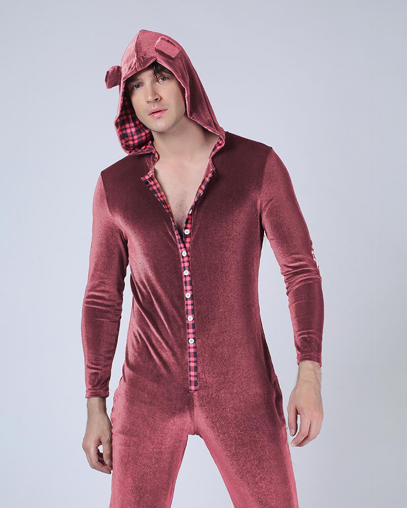 

Buttoned Flap Long Sleeve Jumpsuit Bear Pajamas, Pink