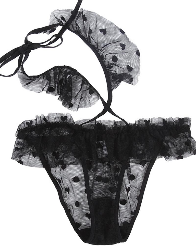 

Heart Pattern Sheer Mesh Ruffle Hem Panty, Black