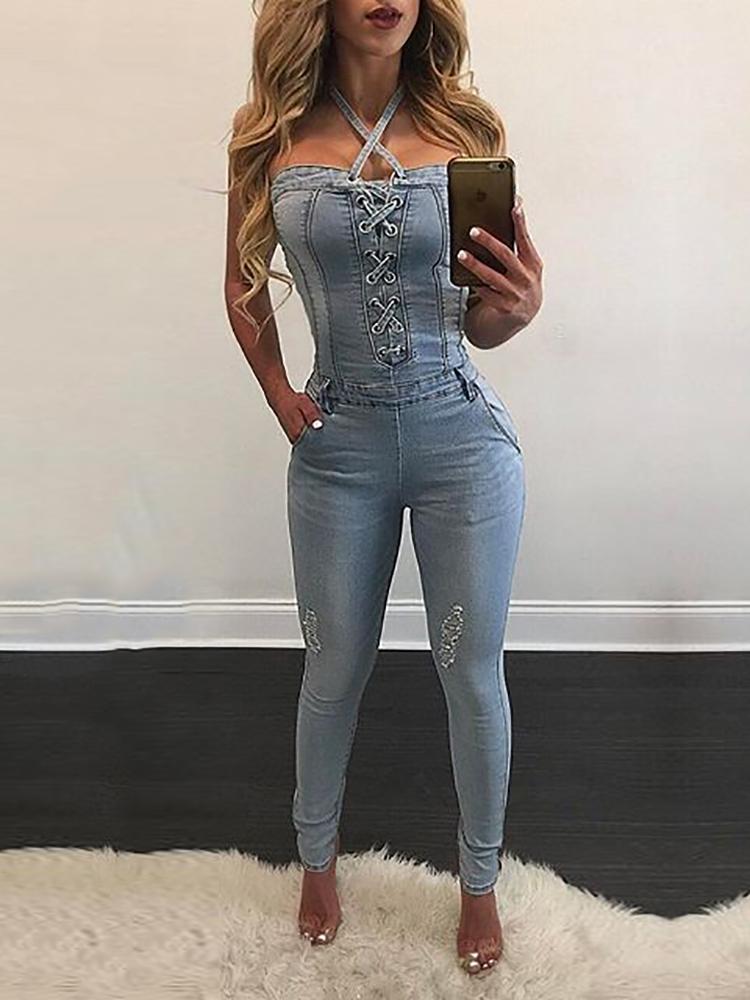 

Stylish Criss Cross Halter Neck Denim Jumpsuit, Blue