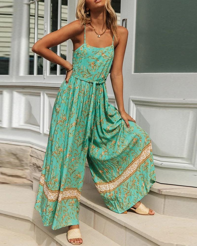

Floral Print Loose Wide Leg Strap Jumpsuit, Green